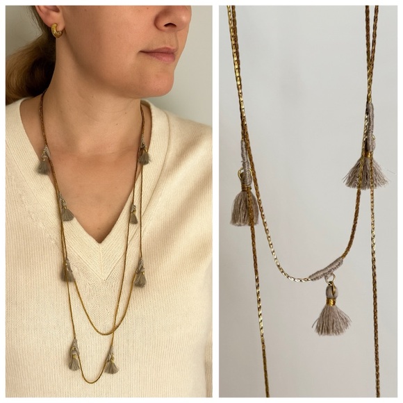 Anthropologie SHIRALEAH Lena Long Tassel Boho Wrap Necklace, Grey & Gold - Picture 12 of 12